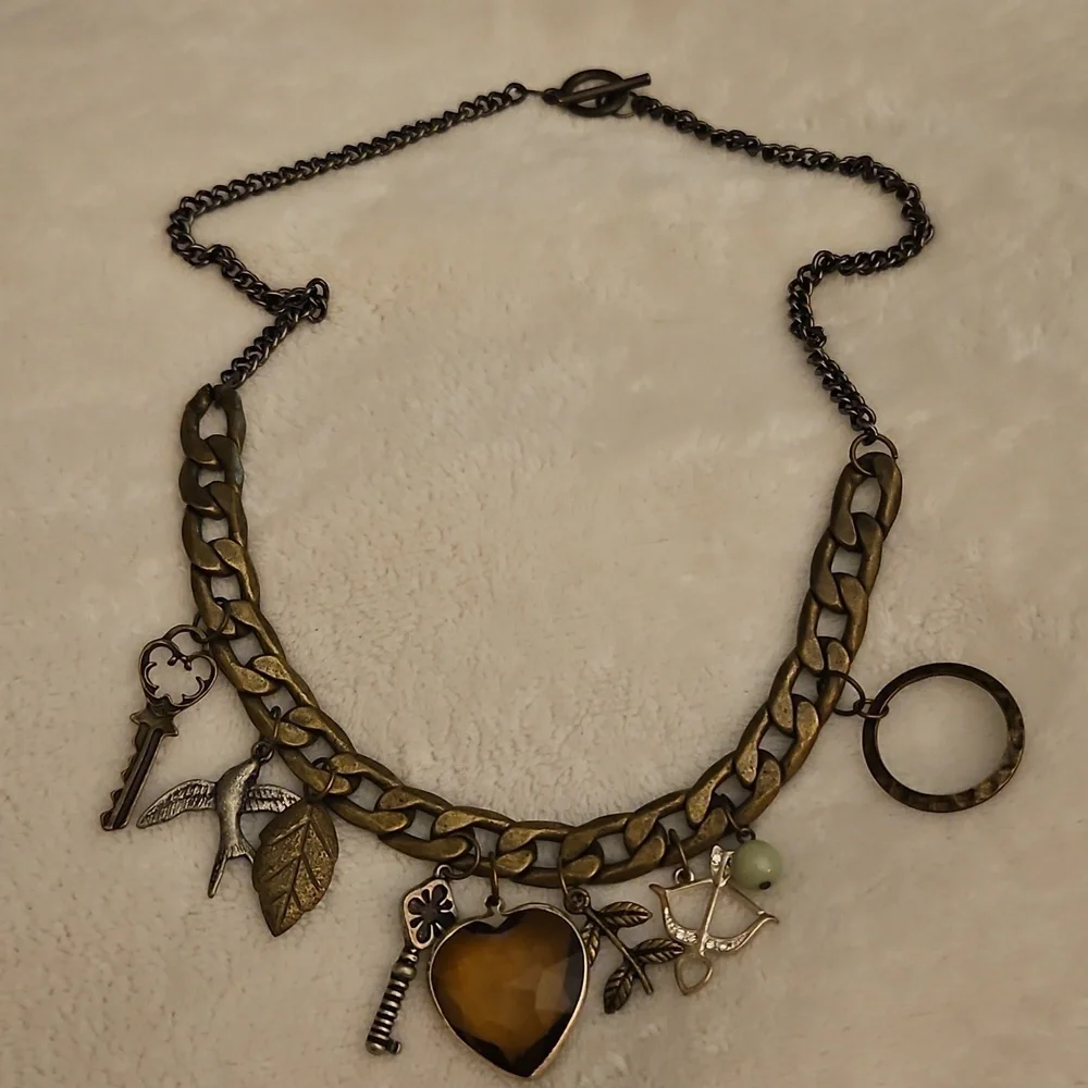Vintage Bronze Heart Key Bird Leaves Charm Boho Chain Necklace